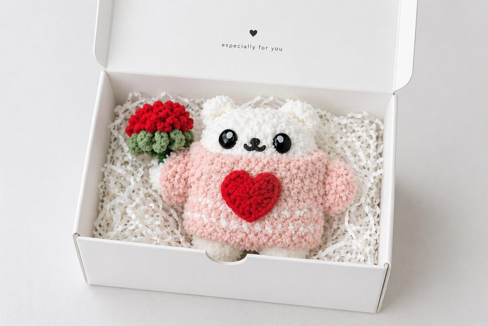 Bear in Heart Sweater Holding Flower