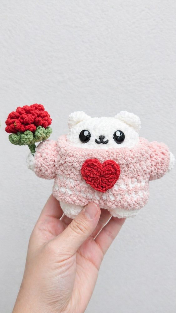Bear in Heart Sweater Holding Flower view 2